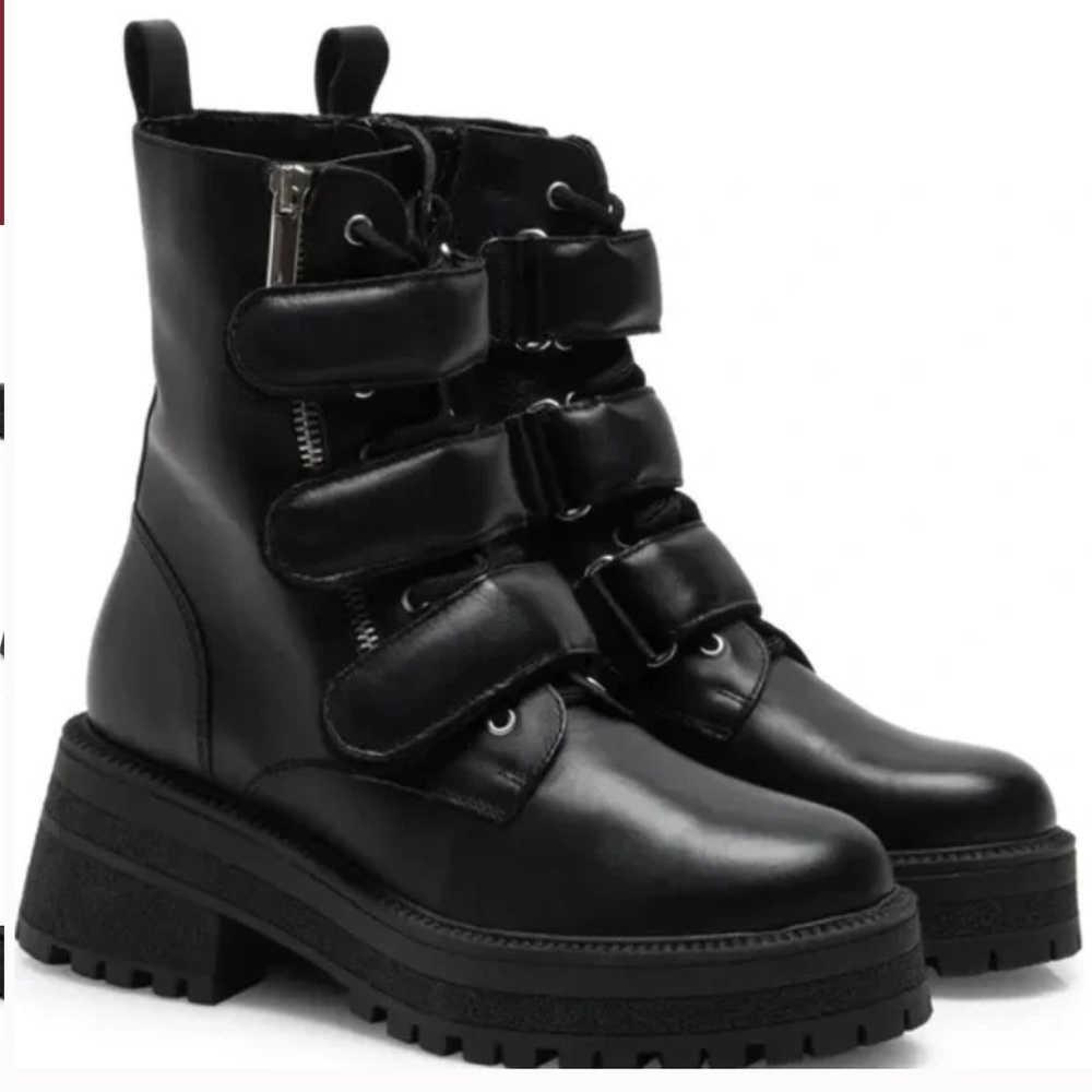 NEW FREE PEOPLE Emmet Strap Lace-Up Combat Moto Boot Black Leather 9